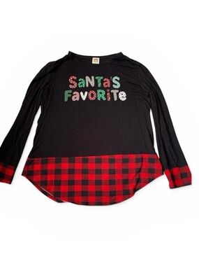 🎆🎇3for$9 Women’s Christmas/holiday long-sleeve shirt black w/ Buffalo plaid trim